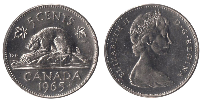 1965 CANADA 5¢ BRILLIANT UNCIRCULATED NICKEL COIN 