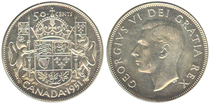 1951 Canada Silver Half Dollar Graded as Brilliant Uncirculated 